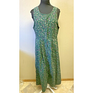 VTG Smith & Hawken Small corduroy Floral Print jumper Dress Pleated Button front